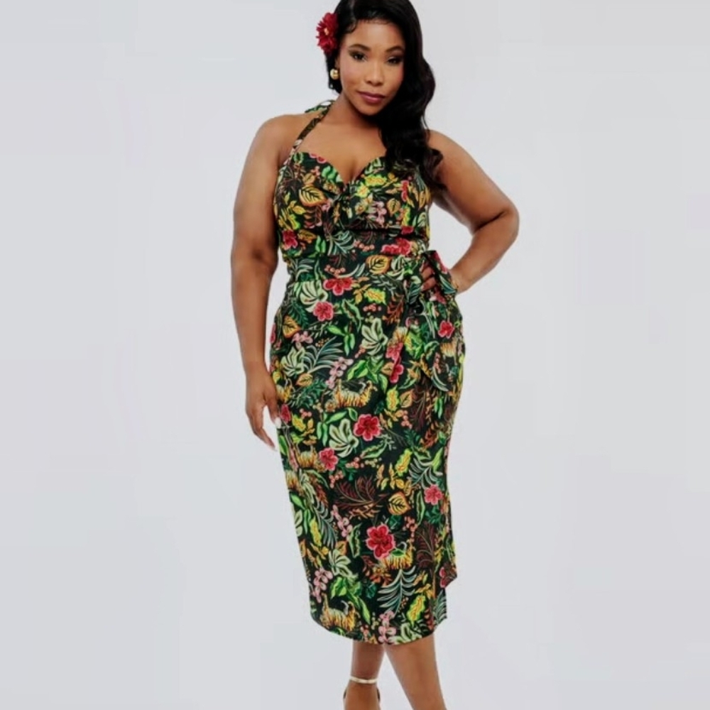 New With Tags Unique Vintage Green Leilani Tropical Print Dress  3X